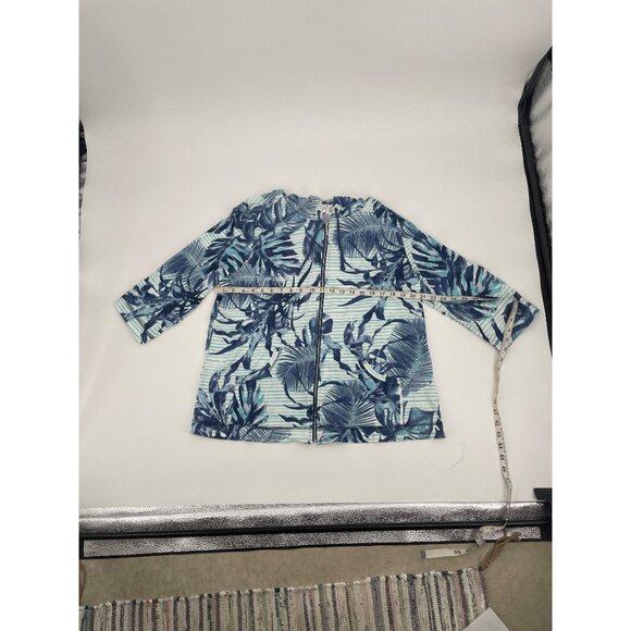 Chicos Weekends Womens Large Hooded Zip-Up Sweater Blue Green Tropical Print - Picture 6 of 7